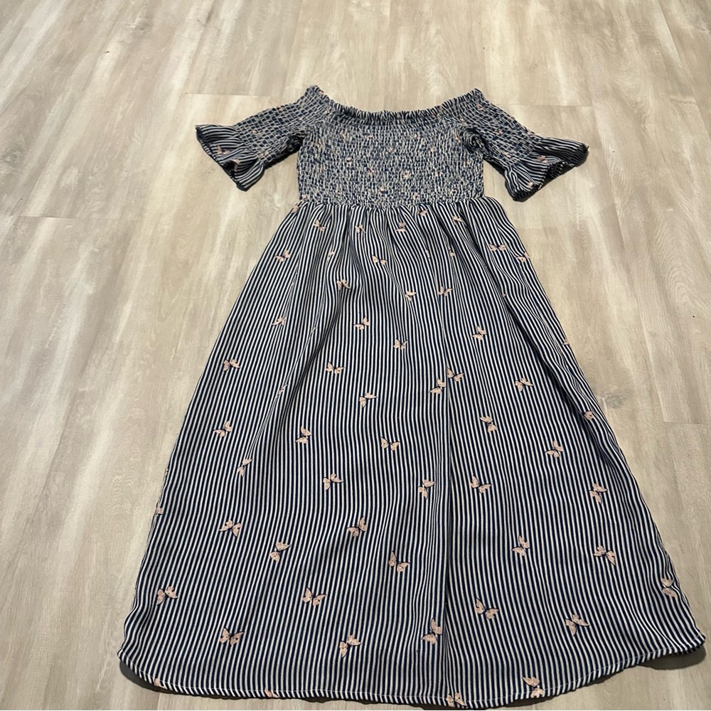 Lots of Love Blue Floral Striped Smocked Stretch Dress Sz S